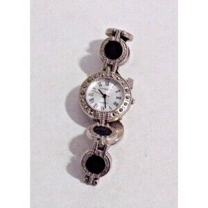 LA Express Ladies Wristwatch LAX 968 Silver w/Black Stones Bracelet Quartz E261